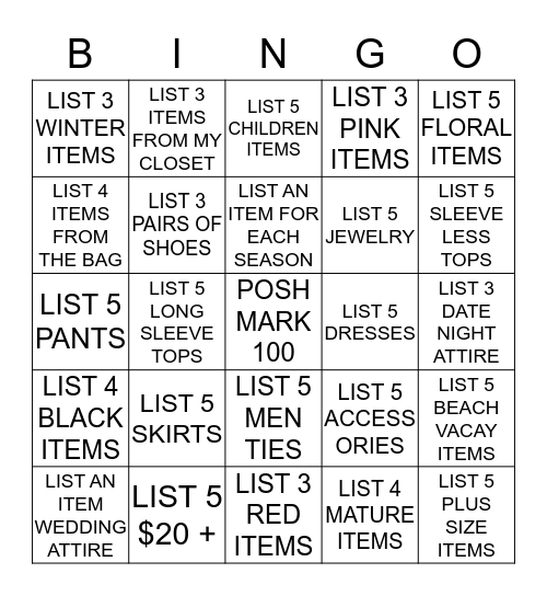 Poshmark Bingo 100 Listings Bingo Card