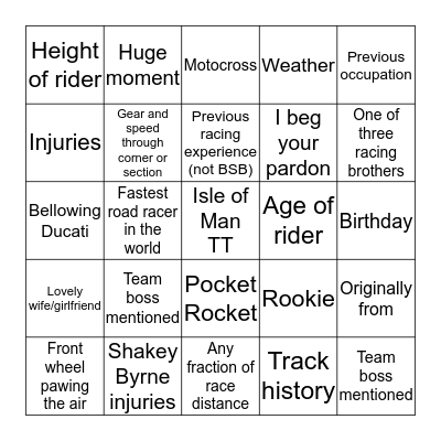 Snetterton Bingo Card