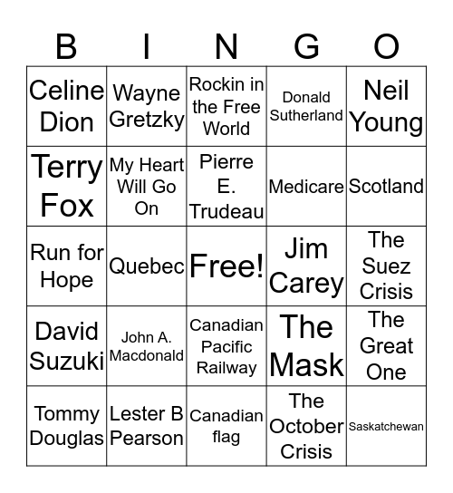 famous canadians Bingo Card