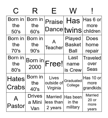 Crew Family Reunion Bingo Card