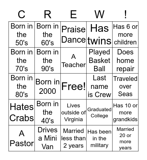 Crew Family Reunion Bingo Card