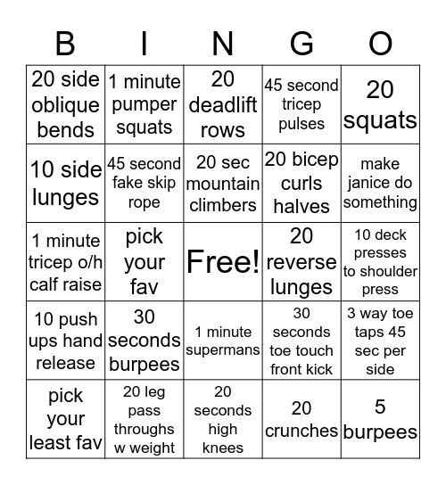 WORKOUT BINGO Card