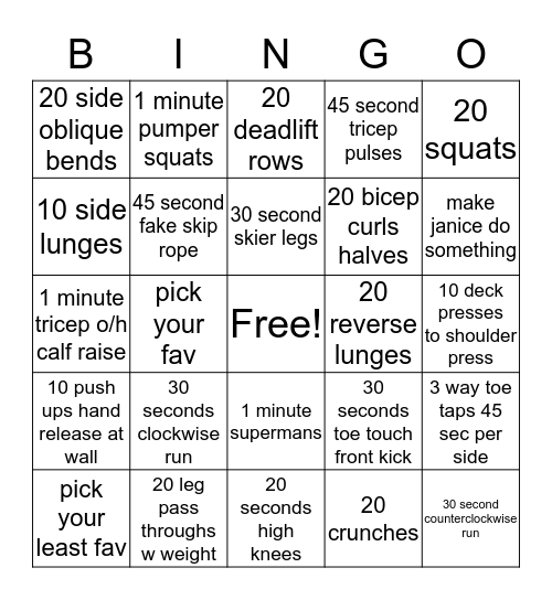 WORKOUT BINGO Card