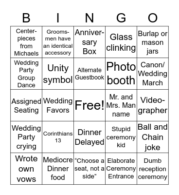 Bad Wedding Cliches Bingo Card