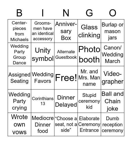 Bad Wedding Cliches Bingo Card