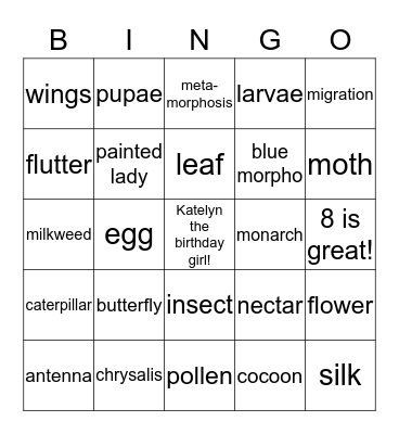 Katelyn's Butterfly BINGO Card