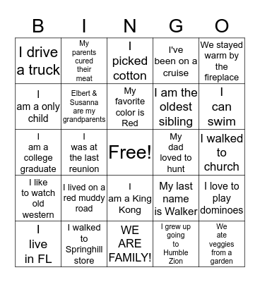 Mitchell-Walker Family Reunion 2018 Bingo Card