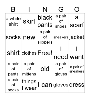 Thing I Wear Bingo Card