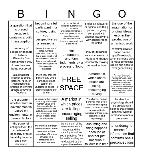 Human Science Vocab  Bingo Card