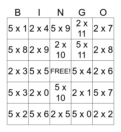 2  and  5  TIMES  BINGO Card