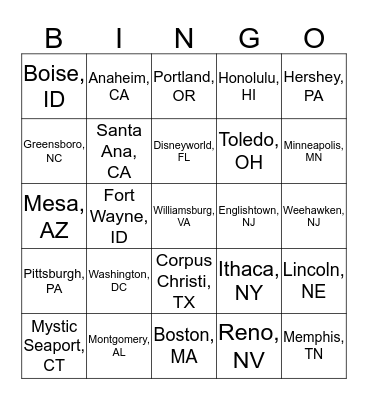 Oh the Places We've Been Bingo Card