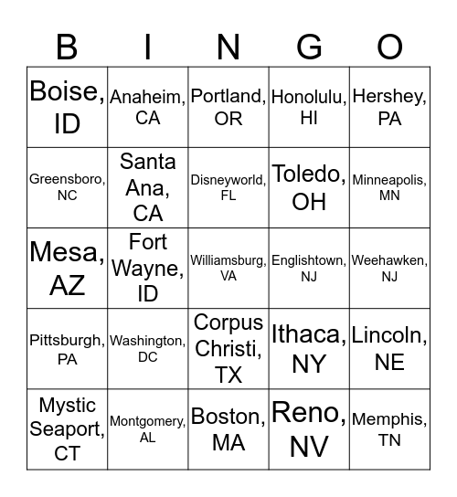 Oh the Places We've Been Bingo Card