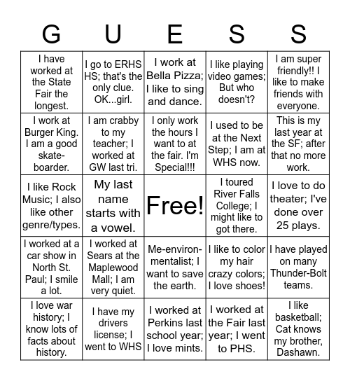 Who Am I??? Bingo Card