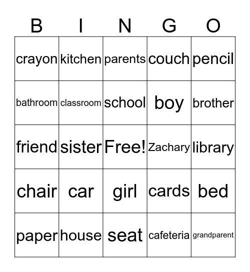 Nouns Bingo Card