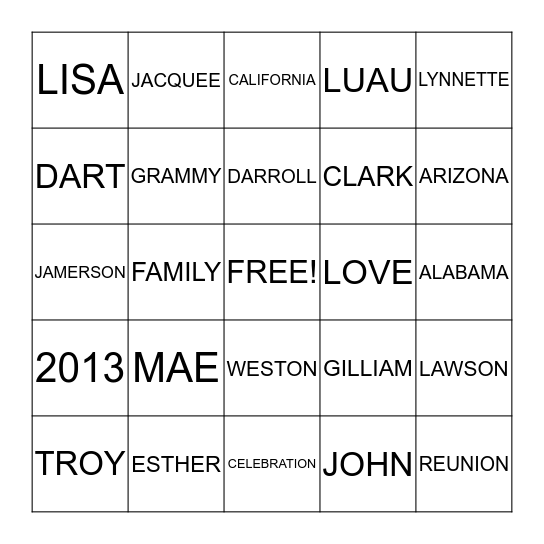 LOVE-LAWSON FAMILY REUNION 2013 Bingo Card
