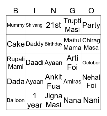 Ayaan's First Birthday Party  Bingo Card