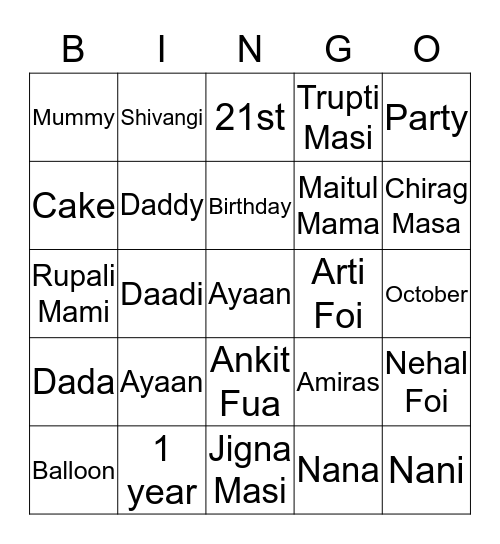 Ayaan's First Birthday Party  Bingo Card