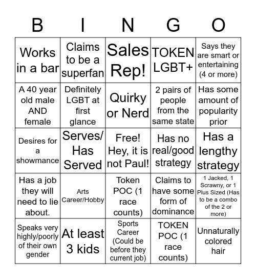 BB20 Cast! Bingo Card