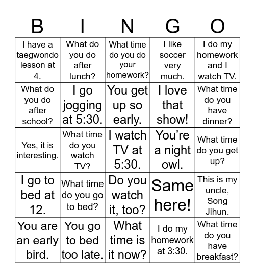 5-6 What Time Do You Go to Bed? Bingo Card