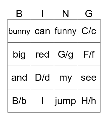 sightwords Bingo Card