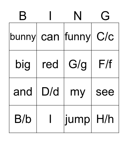 sightwords Bingo Card
