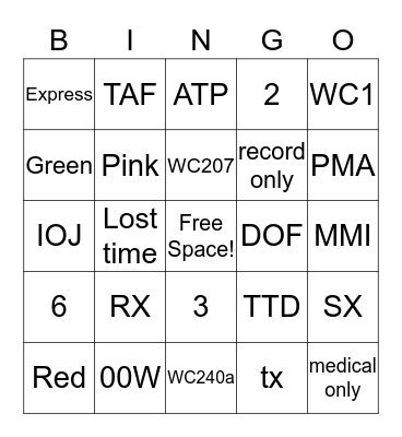 WC 101 Bingo Card