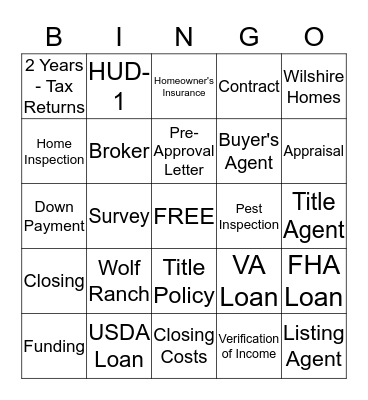 Real Estate Bingo Card