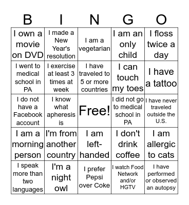 Getting to Know You Bingo Card