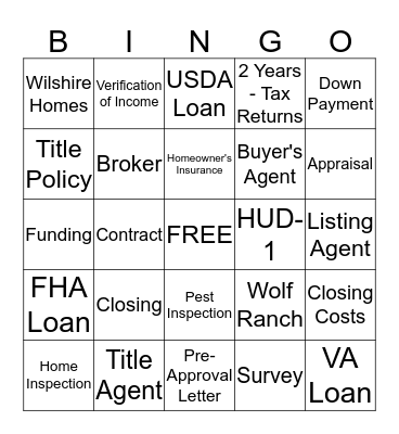 Real Estate Bingo Card