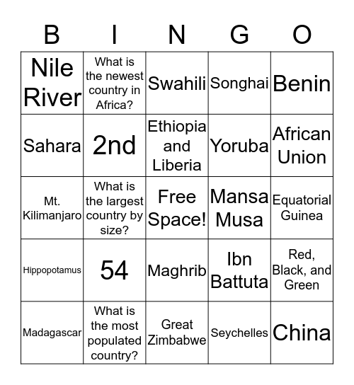 Facts-of-Africa Bingo Card