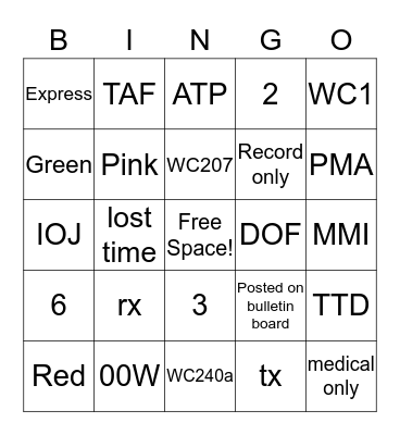 WC 101 Bingo Card
