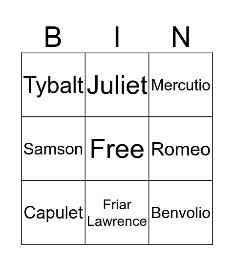 Romeo and Juliet Bingo Card