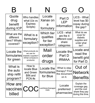 Drug Bingo Card