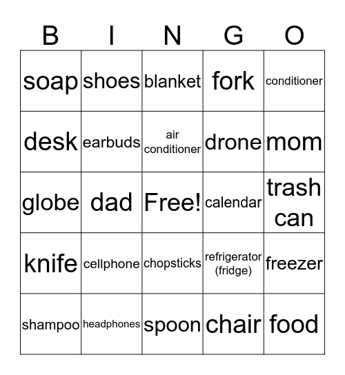 Grade 5, Things in a house Bingo Card