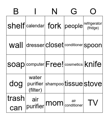 Grade 6, Things in a house Bingo Card