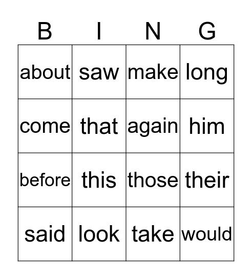 Sight words Bingo Card