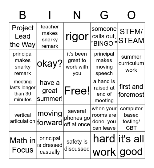 Faculty Meeting BINGO Card