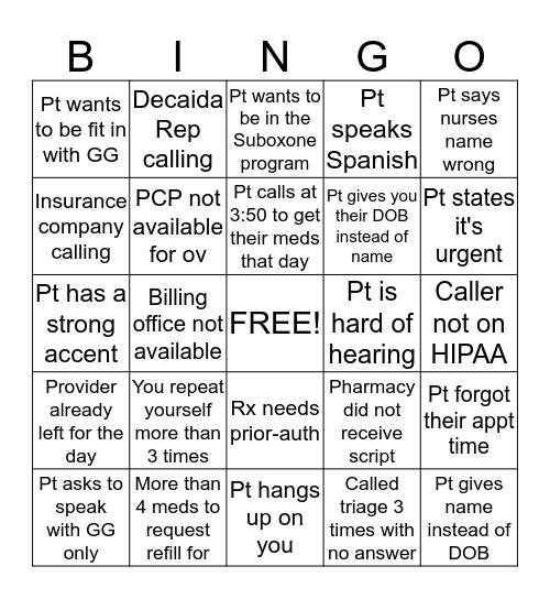 Phone Room Bingo Card