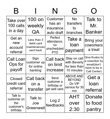 Call Center Bingo Card