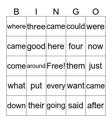 Sight Words Bingo Card