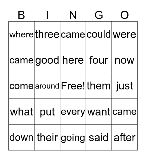 Sight Words Bingo Card