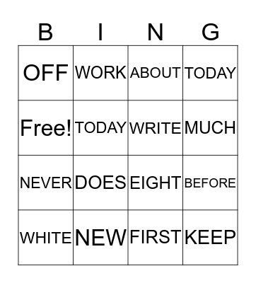 Sight Words Bingo Card