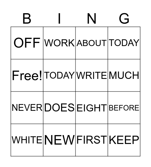 Sight Words Bingo Card