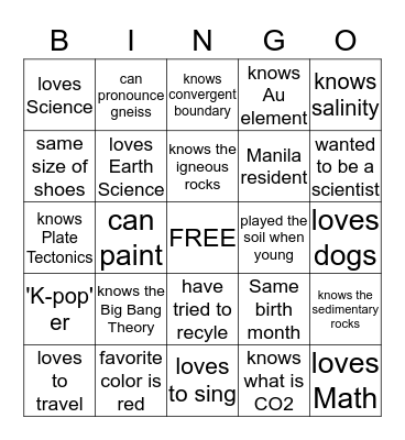 Earth Science Bingo!  Bingo Card