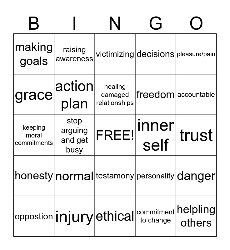 Moral Reconation Therapy Bingo Card