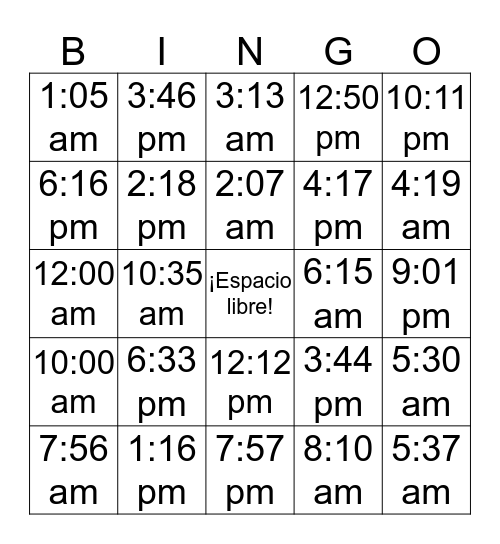 La hora Bingo Card