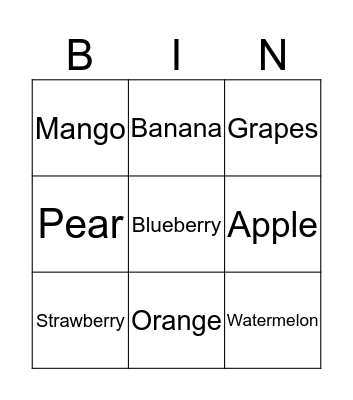 Fruit bingo Card