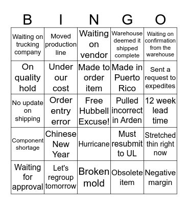 Hubbell Excuse Bingo Card