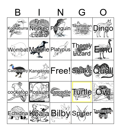 Australian Animals (b&w - named) Bingo Card