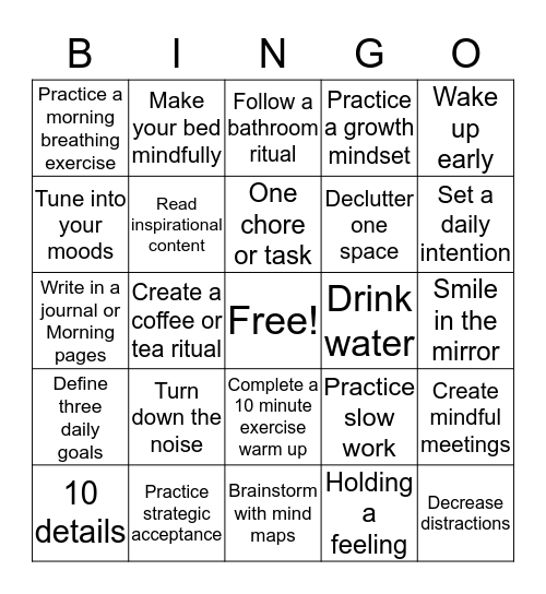 Mindfulness Bingo Card